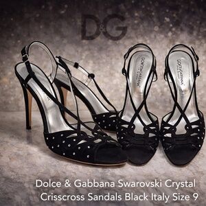Dolce & Gabbana Swarovski Crystal Sandals Black Suede Italy Heels Size 9 🇮🇹